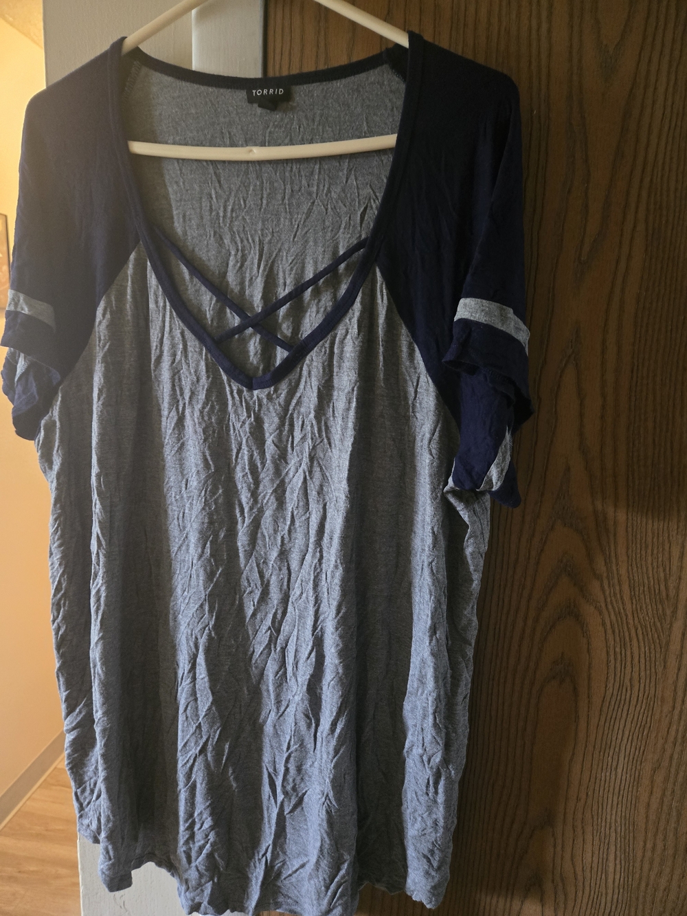 torrid Heather Gray Body with Navy Sleeve Crisscross V-Neck Tee